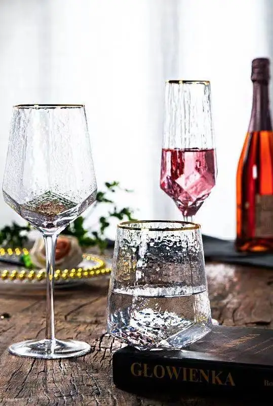 

2PCS/European Style Diamond Hammer Wine Glass Lead-free Home Crystal Goblet Champagne Glass Water Corrugated Glass