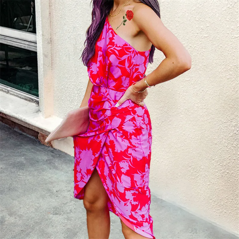 

Printed Dress Women 2021 Summer New Fashion Oblique Shoulder Slim Lace-up Split Irregular Mid-length Dresses Feminina JD1511