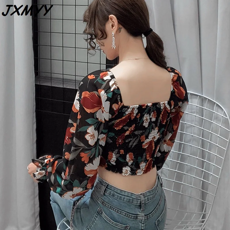 

Retro Floral Fungus Pleated Square Collar Top 2021 Spring and Autumn Pleated Slim Short Long Sleeve Chiffon Shirt JXMYY