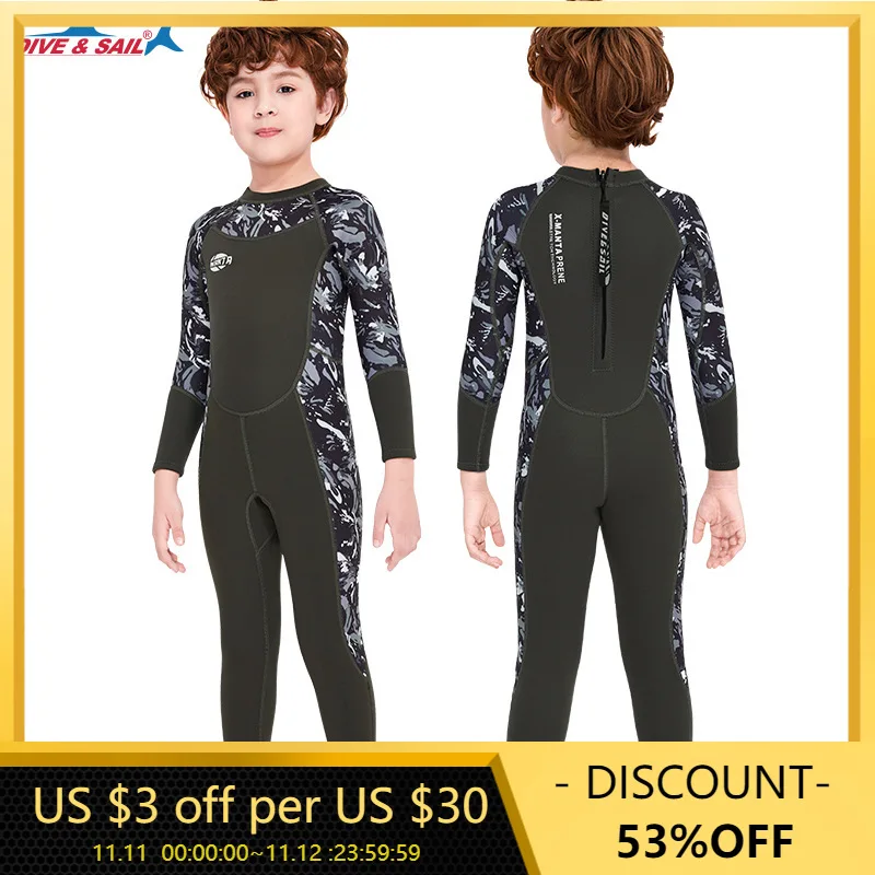

Full Body Kids Wetsuit Neoprene One Piece Warm Swimsuit 2.5MM for Girls Boys Children, Long Sleeve UV Protection Swimming Suit