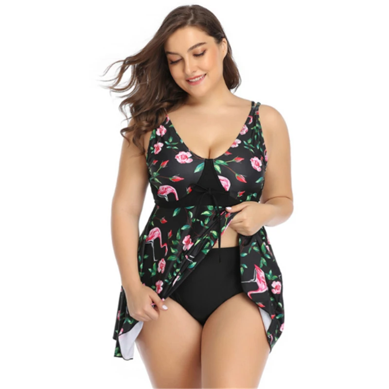 

Plus Size Split Swimwear 2021 Hot Sale Printed Floral Flamingo Backless Double Straps High Waisted Swimsuit for Women