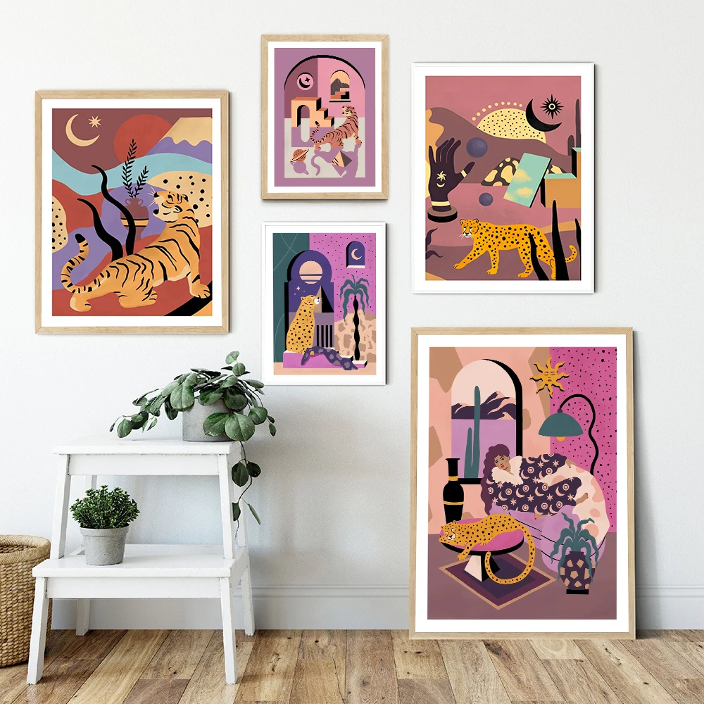 

Japanese Garden Tiger Art Print Lands Cheeta Colorful Abstract Canvas Poster Nordic Boho Wall Art Picture Living Room Home Decor