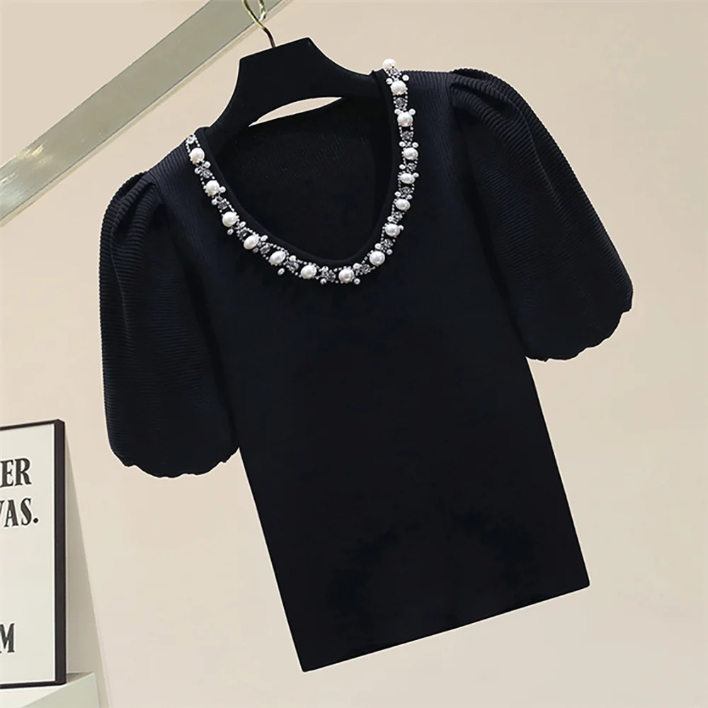 

Fashion Pearl Beading Diamond White Black Knitted T Shirt Woman Short Puff Sleeve Loose O-Neck Tops Summer Clothes For Women