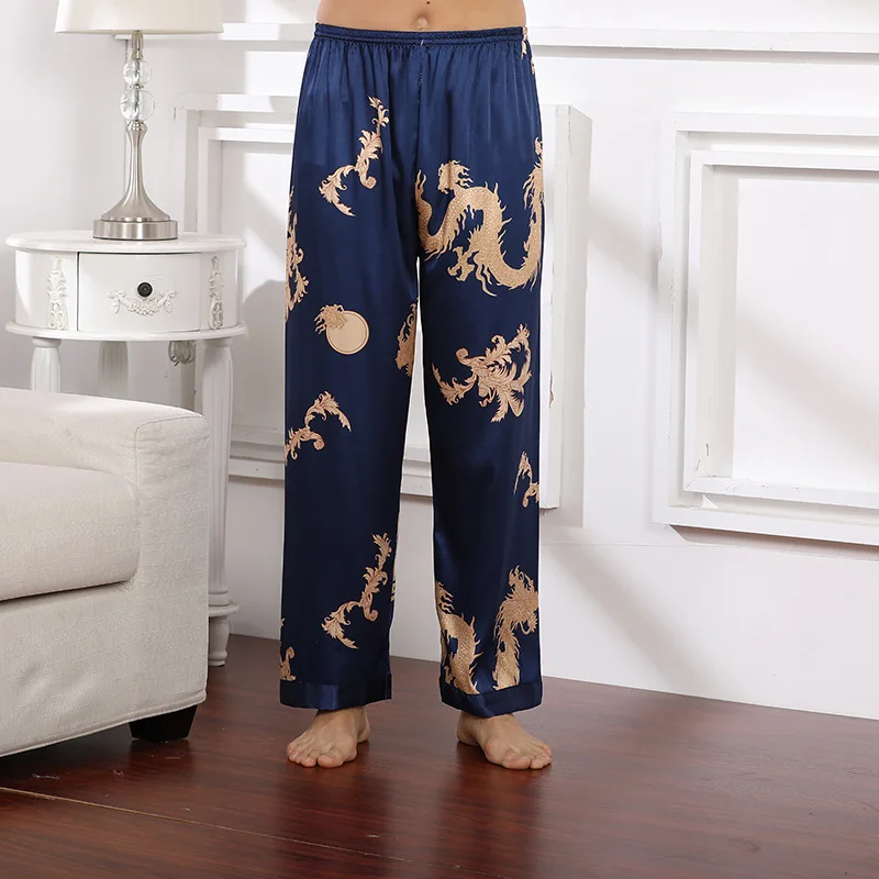 Print Pants Satin Sleepwear Men Pajamas Sleep Bottoms Casual Nightwear PJS Faux Silk Pijamas Home Pants Spring Summer New