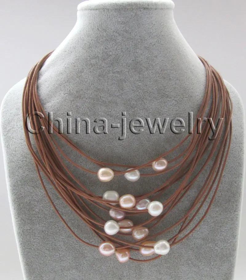 

P7381-17 "15 рядов 11-13 мм белый розовый фиолетовый барочный пресноводный жемчуг ожерелье