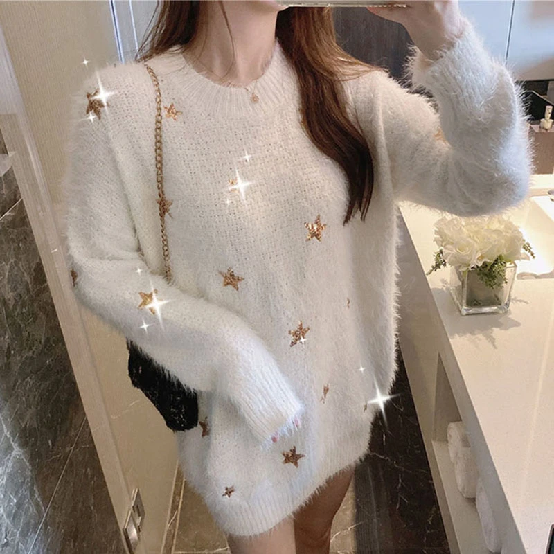 Женский джемпер с блестками блестящая Звезда имитирующая норка свитер вязаный