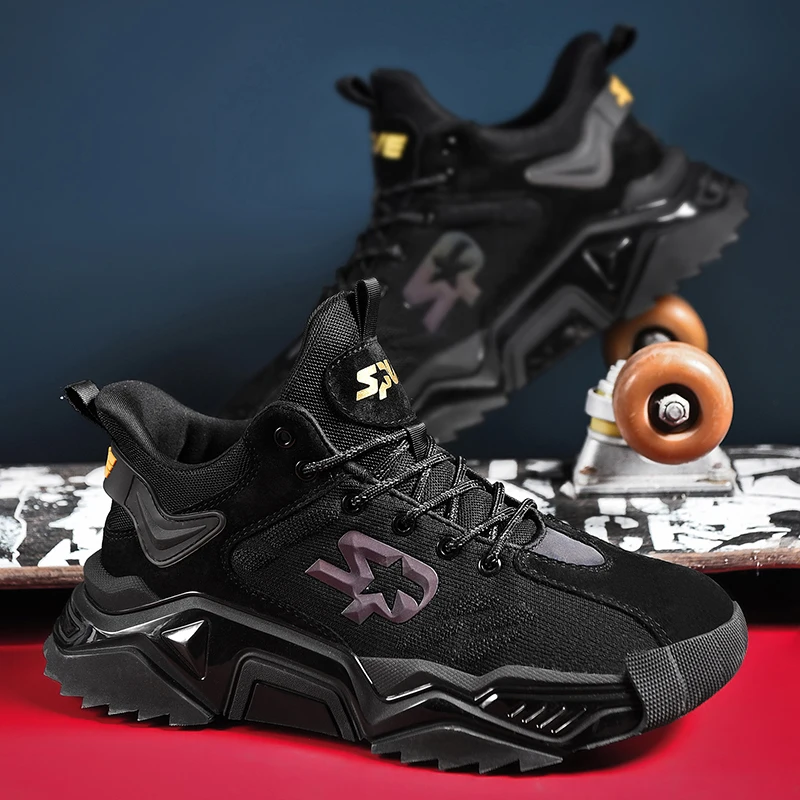 

Grey Knitted Star Casual Sneakers Men Sewing Breathable Hard-Wearing Sport Shoes Black Lace-Up Non-Slip Sneakers Fast Shipping