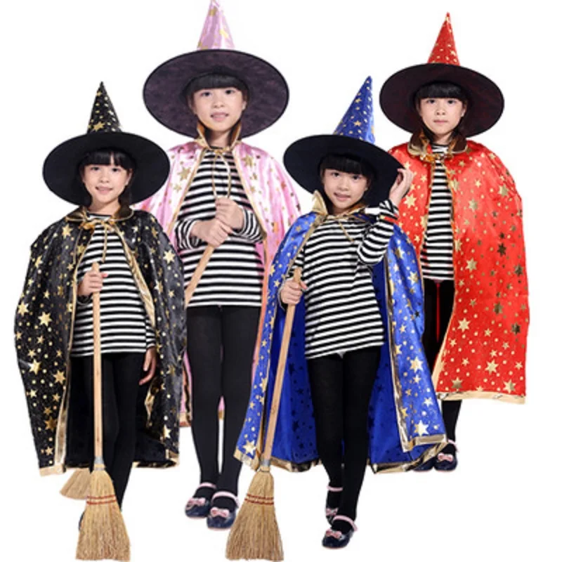 

Children Halloween Costumes Wizard Witch Cloak Cape Robe with Pointy Hat Girls Boys Cosplay Props Kids Birthday Party Supplies