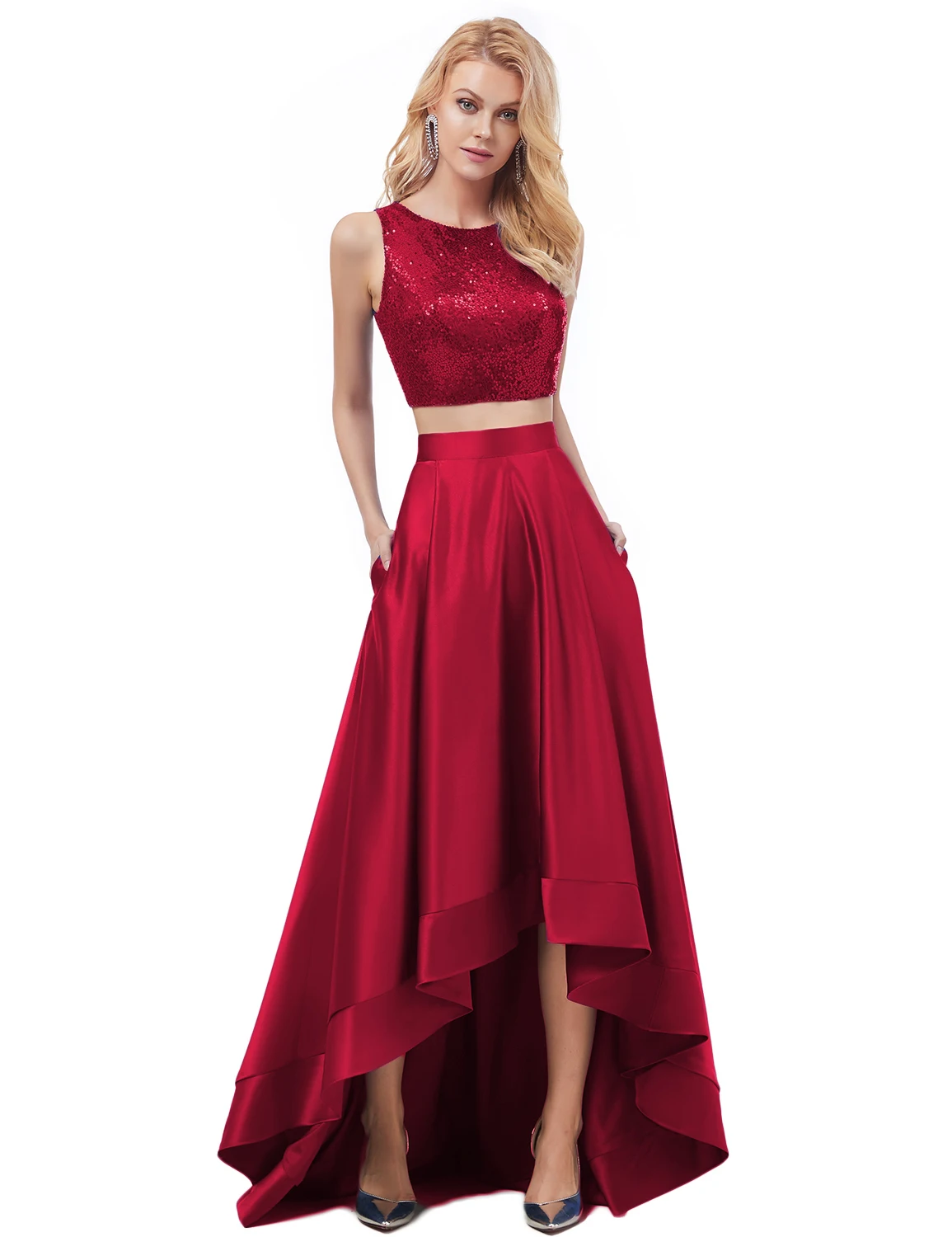 Vivian's Bridal Весенняя мода Sequin Crop Top вечернее платье, пикантное асимметричное платье с открытой спиной и высокой низкой атласной юбкой, платье для выпускного вечера