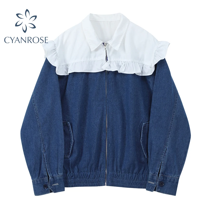 

2021 New Ruffle Peter Pan Collar Spliced Denim Coat Streetwear Sweet Zipper Jeans Jackt Vintage Elegant Baggy Casual Blue Female