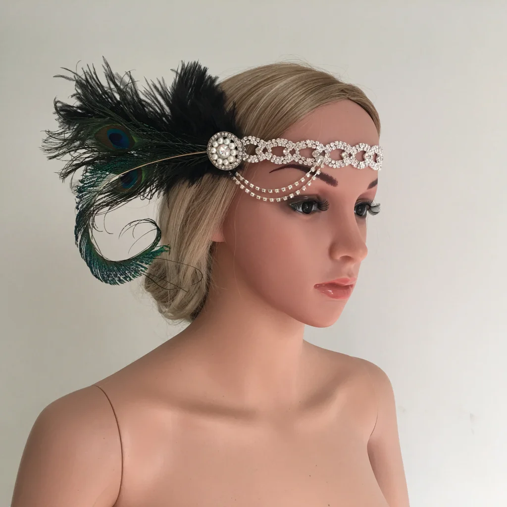 Женский вуалетка с перьями павлина и кристаллами цепочкой кисточками 20s головная