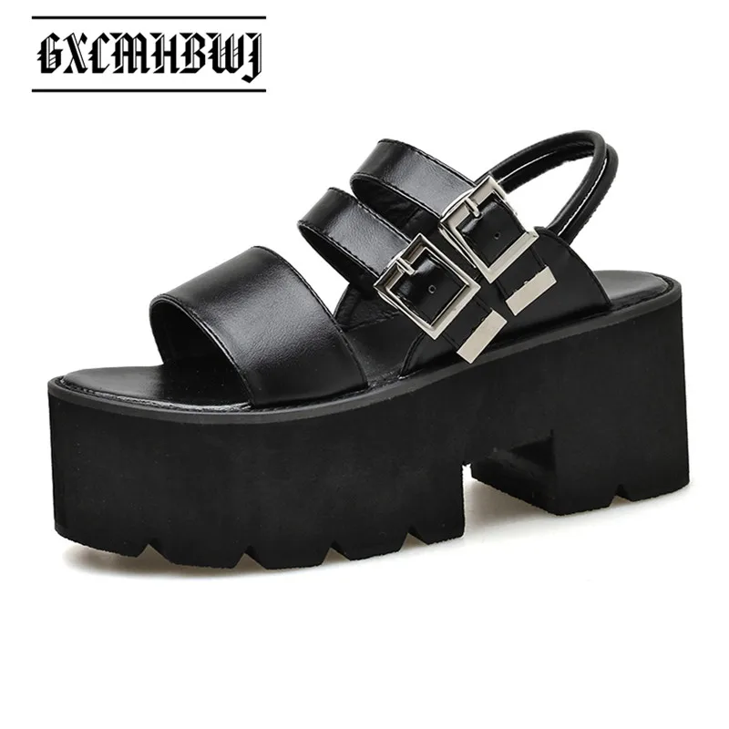

GXCMHBWJ Fashion Buckle Strap Thick Bottom Women Sandals Summer Punk Goth Black Leather Open Toe High Heels Platform Woman Shoes
