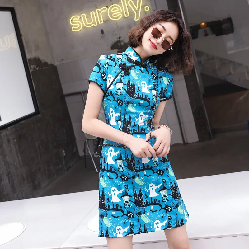 

Chinese Style Improved Cheongsam Girl Daily Blue Modern Fashion Qipao Women's Traditional Oriental Dress