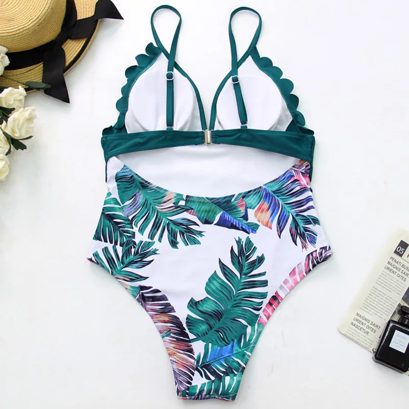 

Sexy V-neck Female Swimwear Crisscross Back 2021 Sexy Girl Beachwear Bathing Suits Summer Patchwork Leaf Swimsuit 2XL For Lady