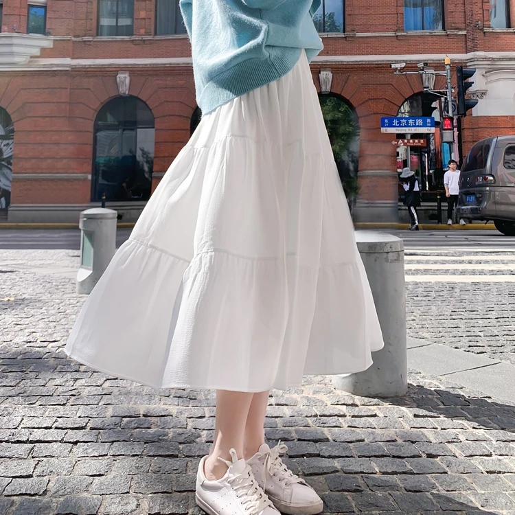 

2021 nova saia feminina branco a line saia de cintura alta