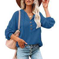 women sleeve button down shirt casual simple loose batwing sleeve hoodie shirts v neck henley shirts pullover with drawstring