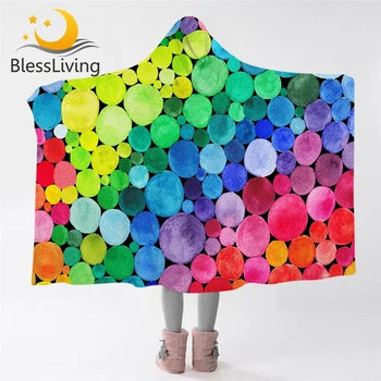 BlessLiving Colorful Hooded Blanket for Adults Microfiber Sherpa Blanket Watercolor Rainbow Circles Wearable Throw Blanket 1
