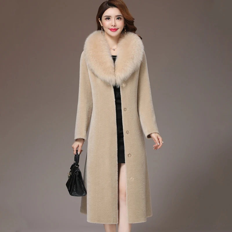 

Sheep Shearling Real Fur Coat Winter Jacket Women Fox Fur Collar Wool Coat Women Long Jackets Plus Size Manteau Femme MY