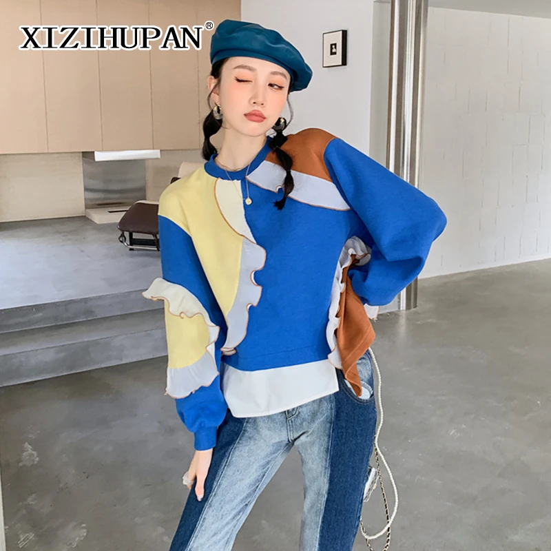 

Женский свитшот с оборками XIZIHUPAN, повседневный Свободный свитшот с круглым вырезом и длинным рукавом, новинка 2021