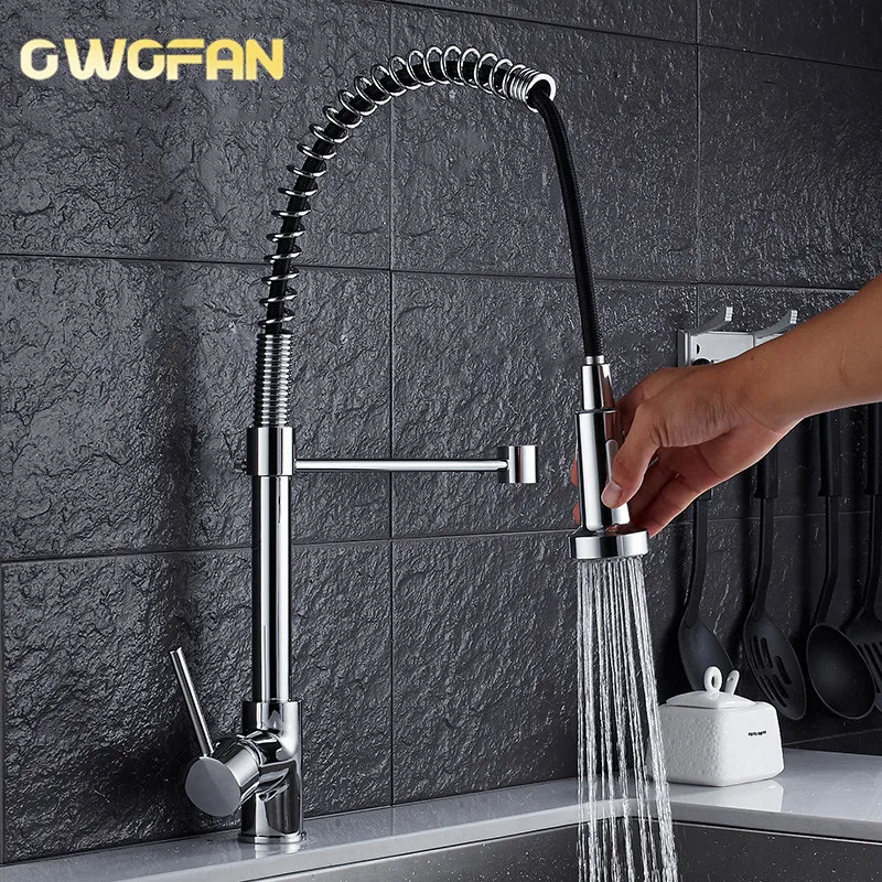 

Kitchen Faucets Brush Brass Faucets for Kitchen Sink Single Lever Pull Out Spring Spout Mixers Tap Hot Cold Water Crane N22-059