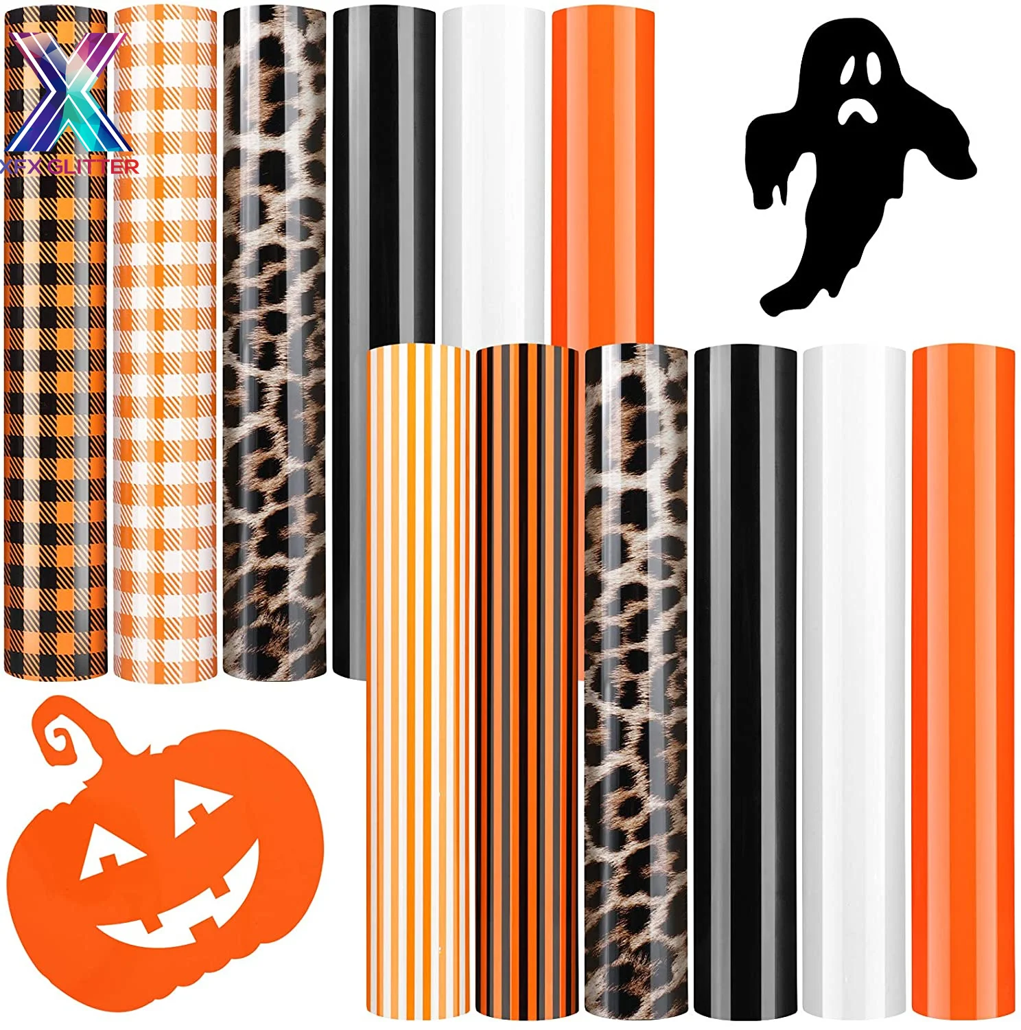 

XFX HTV 12 Sheets Halloween HTV Bundle 25*100cm Buffalo Plaid Heat Transfer Vinyl Adhesive Leopard Patterned Vinyl Iron on Cloth