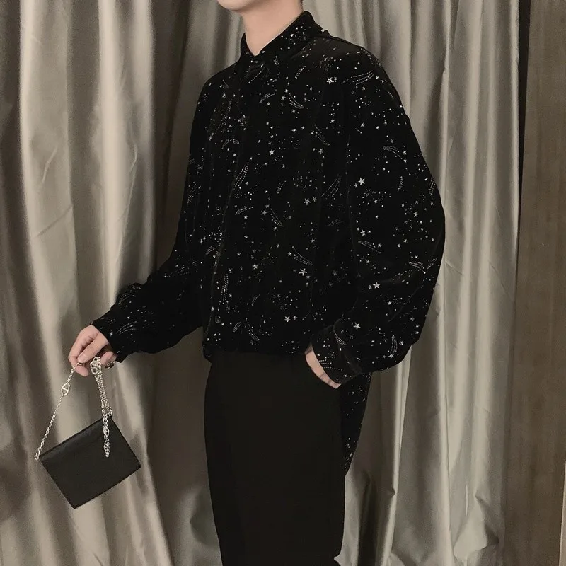 

black blouse men clothes 2020 spring Korean style unique star Shining velvet shirts mens casual loose velvet tops long sleeve