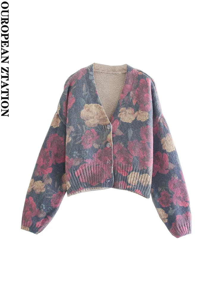 

Женский жаккардовый Укороченный кардиган za, винтажный свитер с цветочным принтом, v-образным вырезом и длинным рукавом, 2021