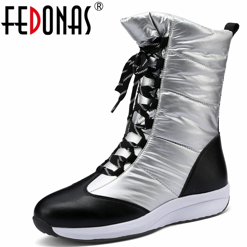 

FEDONAS 2022 New Arrival Women Mid-Calf Boots Genuine Leather Warm Snow Boots Autumn Winter Lace-Up Platforms Flats Shoes Woman