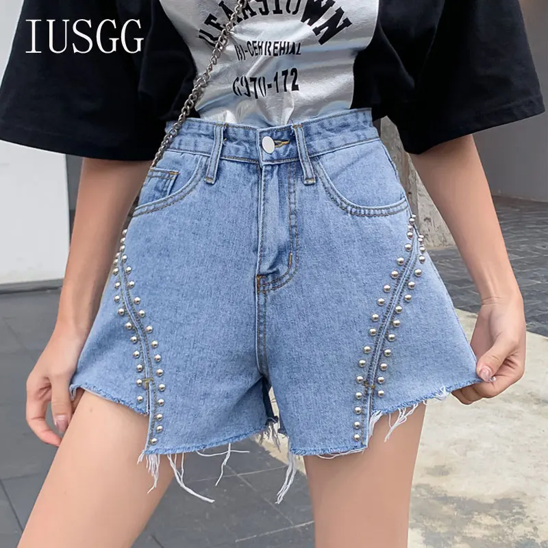

2021 Summer New Denim High Waist Shorts Female Korean Style Rivet Ultra Wide Leg Shorts Pants Hot Loose Stitching Jeans