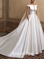 a line wedding dresses off shoulder sweep brush train satin short sleeve simple elegant with buttons crystal brooch 2021