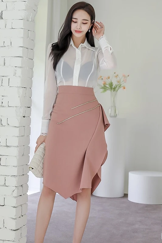 

COIGARSAM Ruffles Women Skirt Spring High Waist Skirts Image Color Suit 7304