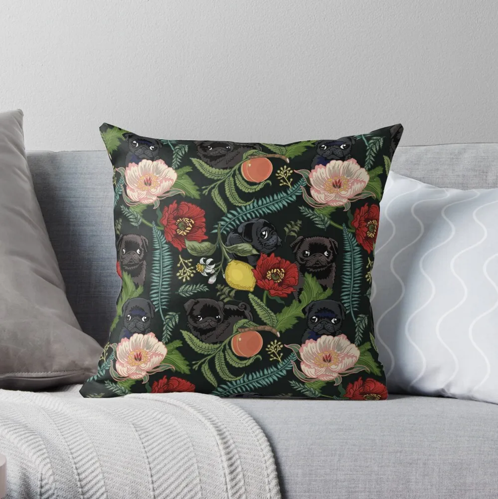 

Botanical and Black Pugs Throw Pillow Pillow Case Polyester Home Decora Pillowcases Throw Pillow Case kussensloop almohada