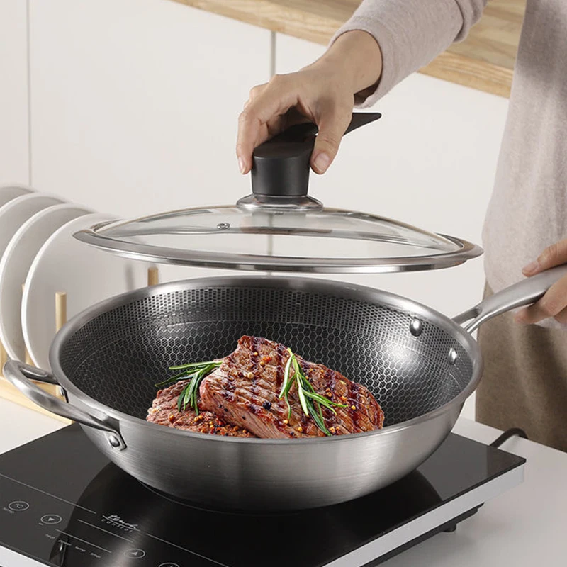 Stainless Steel Wok Non-stick Pan Full Screen Honeycomb Design No Lampblack Coating Frying | Дом и сад
