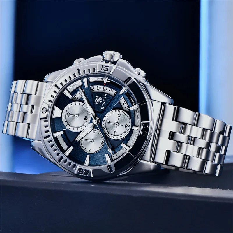 BENYAR Fashion Sport Watch Men Top Brand Luxury Blue Male Chronograph Clock Military Stainless Steel Waterproof Wristwatch 5180 | Наручные