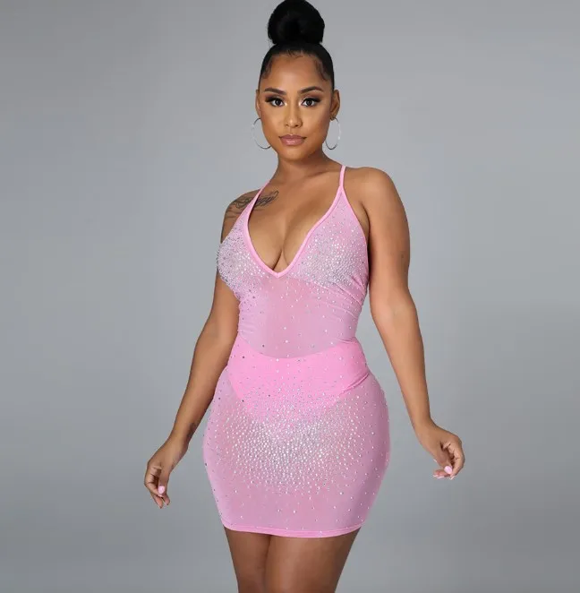 

Dress for Women Sexy & Club Sheath Diamonds Above Knee, Mini Crossover Spaghetti Strap Package Hip Short Skirt