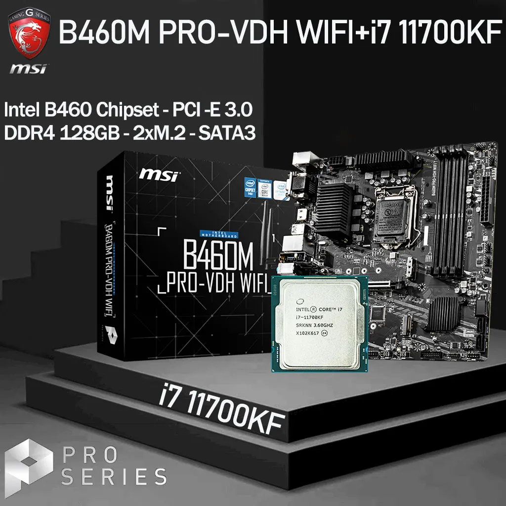 

LGA1200 MSI B460M PRO-VDH WIFI Motherboard Set + Intel i7 11700KF Combo DDR4 128GB M.2 PCI-E 3.0 B460 Placa-mãe Kit Desktop B460