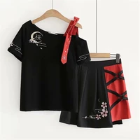 women cute black short sleeve t shirt skirt set japanese sakura embroidered single off shoulder t shirtskirts suits