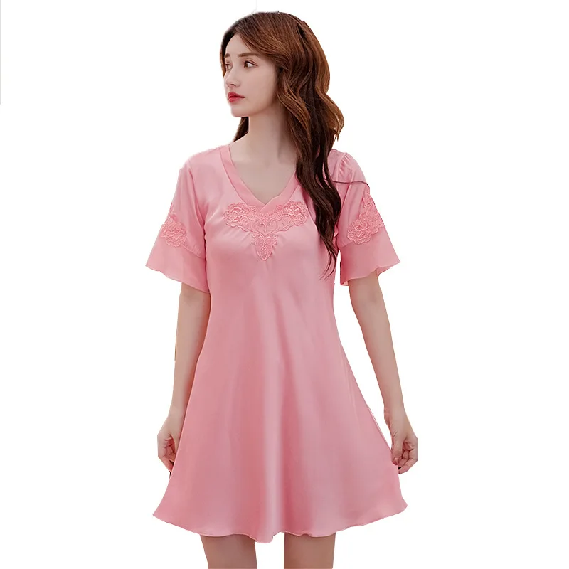 2021Summer New Women's Nightdress Ice Silk Short-sleeved Sweet Home Service Sexy Nightwear Night Gown Sleep Tops Sleepwear Women