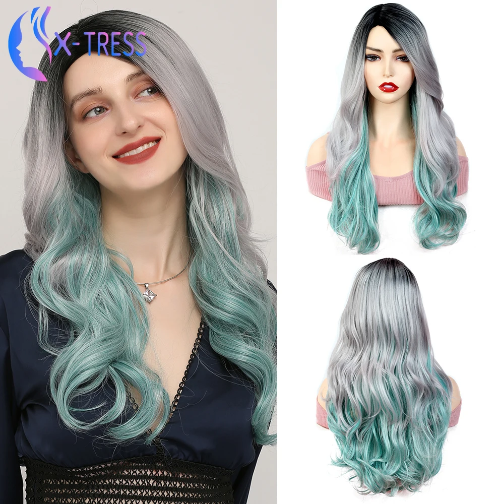 Искусственные парики для косплея с более темными корнями серыми и зелеными