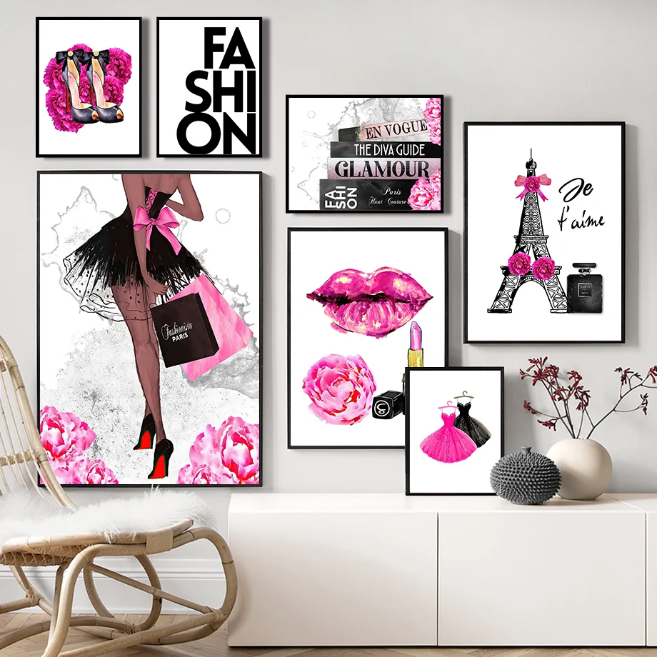 

Fashion Heels Perfume Girl Bag Lip Make Up Nordic Poster And Prints Wall Art Canvas Painting Wall Pictures For Living Room Decor