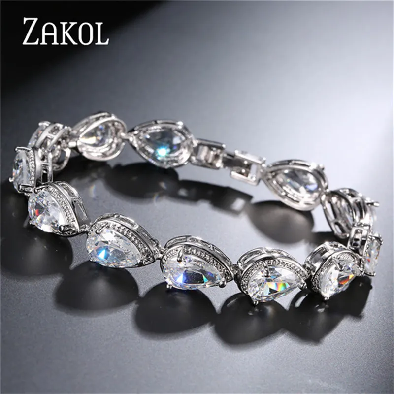 ZAKOL Модные женские аксессуары роскошный фианит Капля воды CZ Камень Браслет