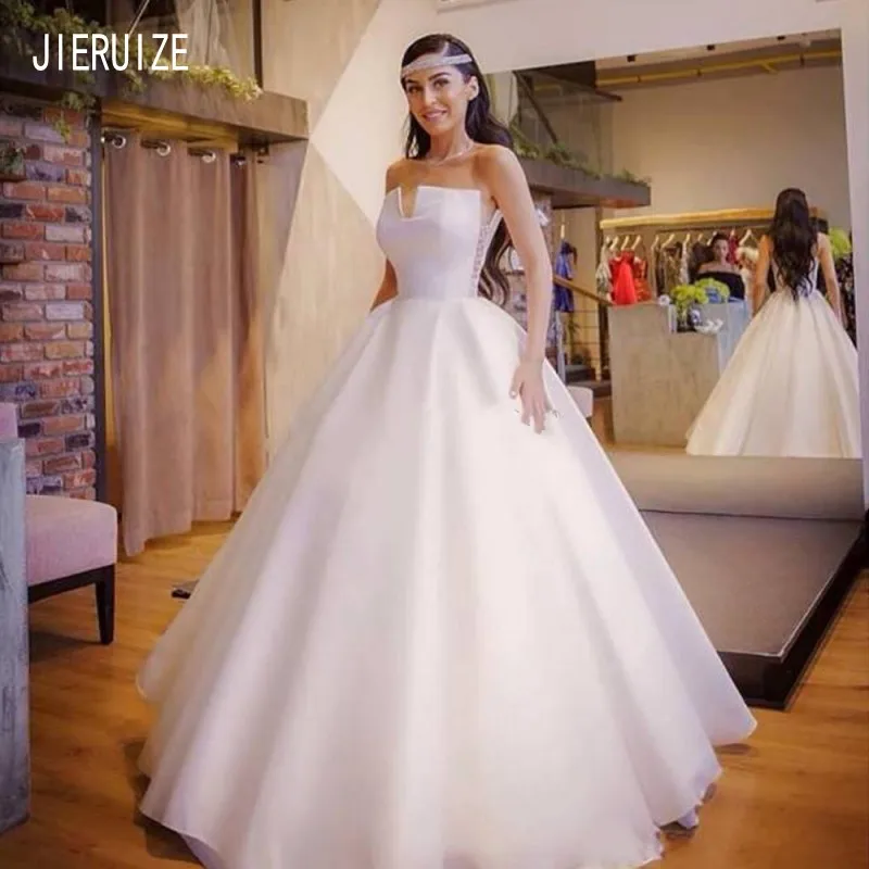 

JIERUIZE Vintage Strapless Ball Gown Wedding Dresses Lace Up Back Bridal Gowns Simple White Satin Bridal Dresses robe de mariee