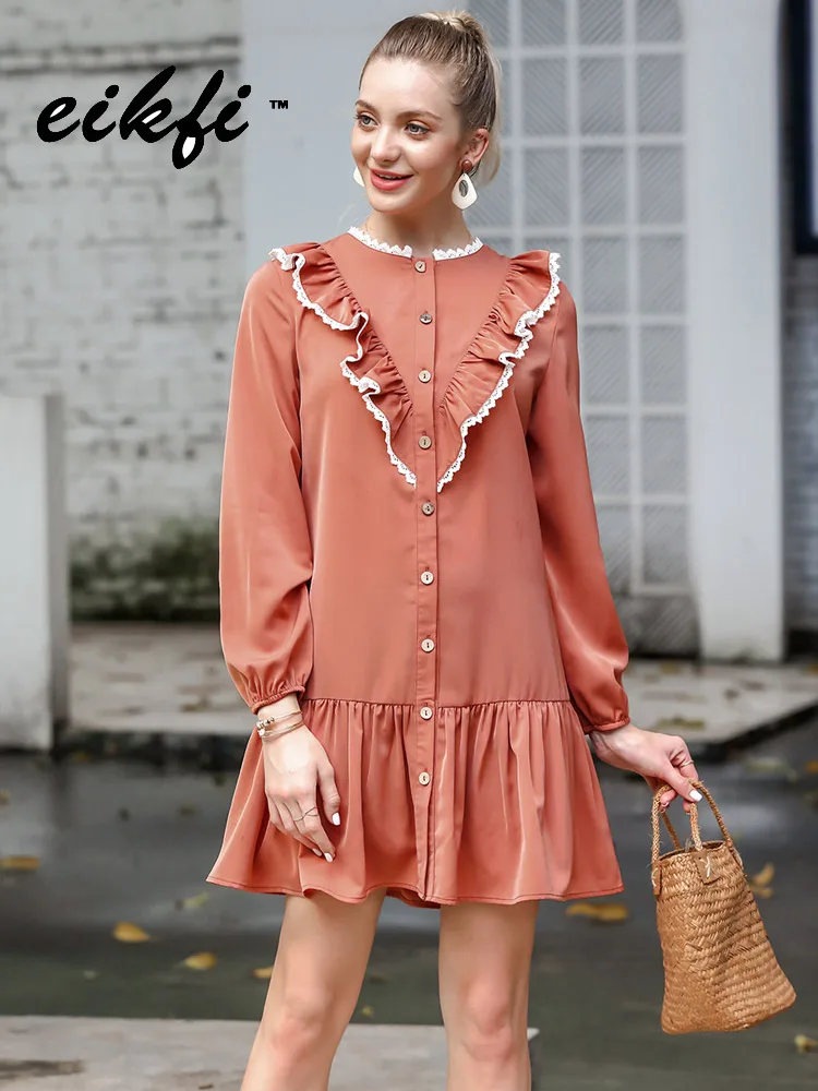 Платье женское винтажное однотонное с длинным рукавом свободное Повседневное