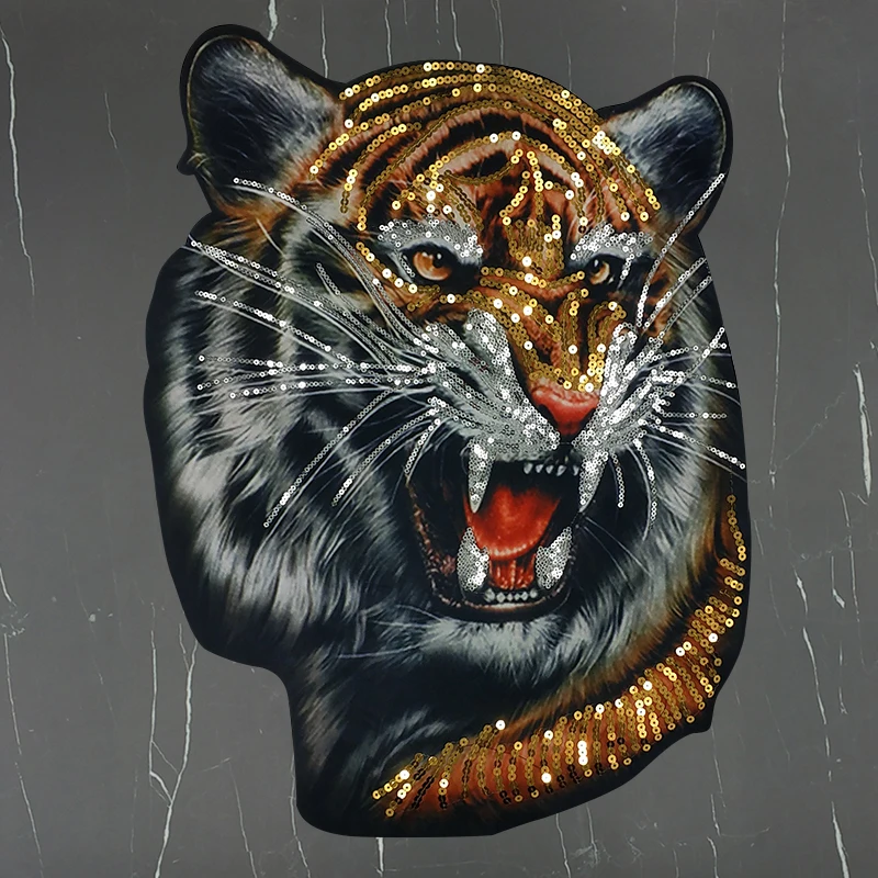 Модные вышитые большие властительные блестки нашивка с головой тигра для одежды