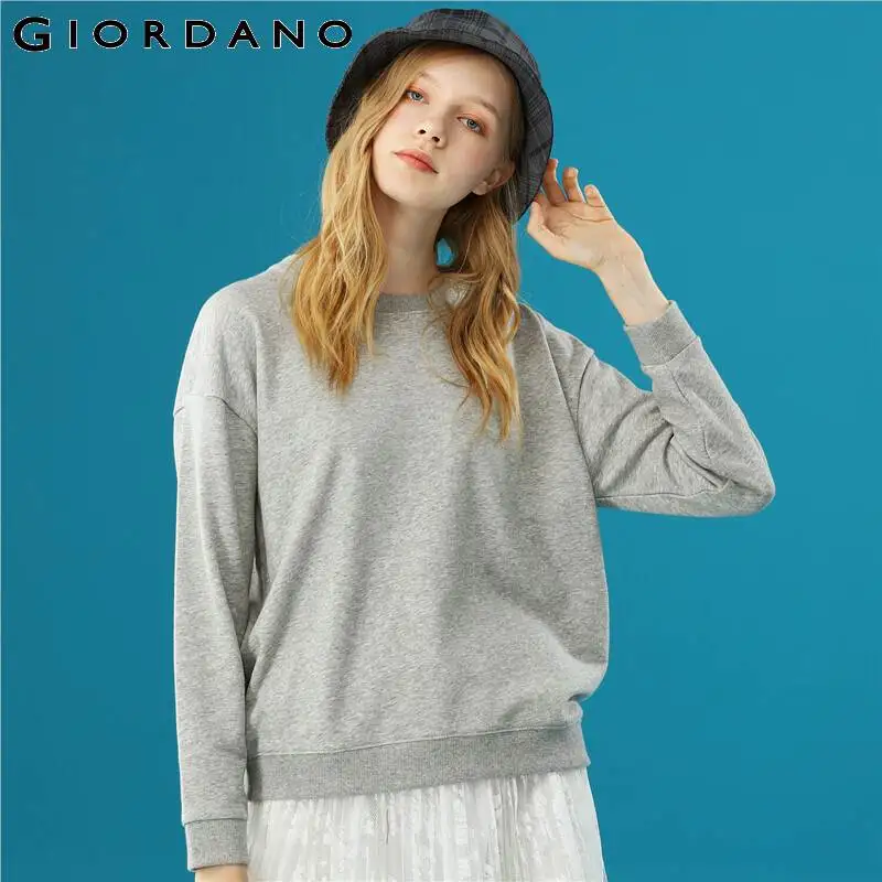 Giordano/Женская толстовка однотонного цвета с круглым вырезом, свободная, расслабляющая, Sudadera Mujer, длинный рукав, Moletom Feminino 05329798