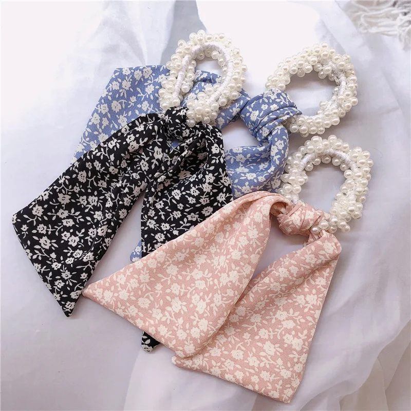 

Korean Sweet Girl Fresh Fashion Printing Chiffon Imitation Pearl Rubber Band Hair Rope Temperament Women's Hair Accessories