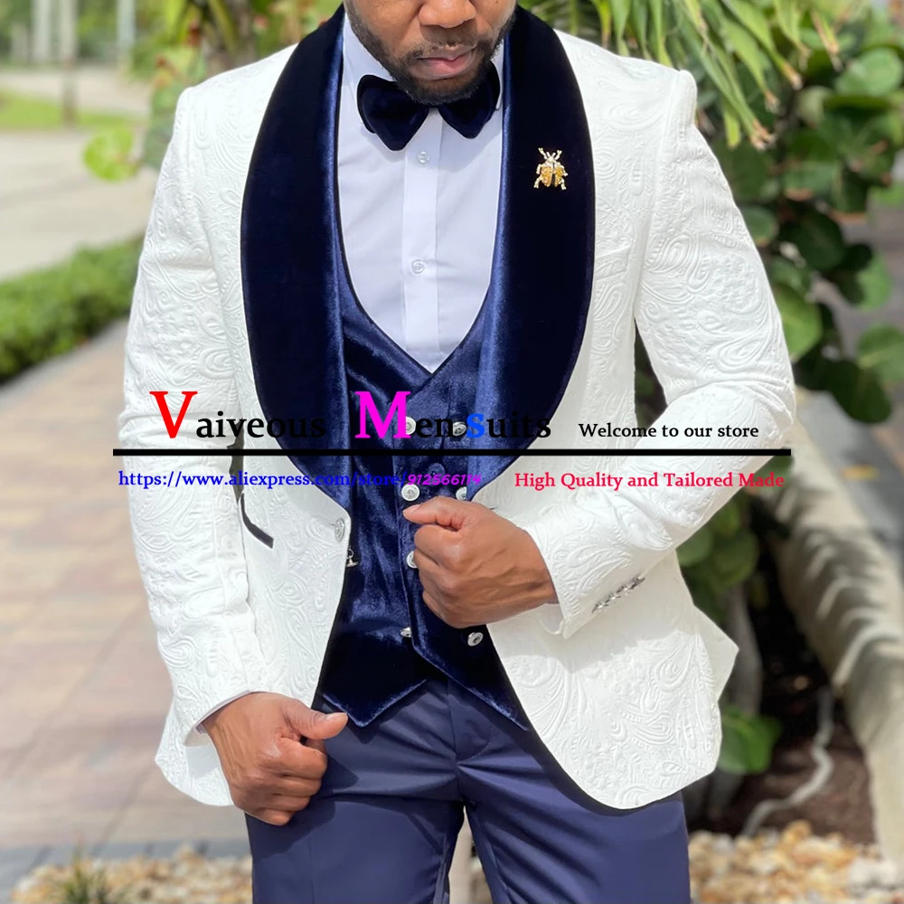 Жаккардовый смокинг цвета слоновой кости для жениха темно-синие бархатные