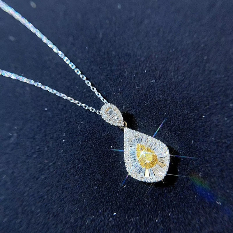 

New Fashion Instagram Pear Water Drop Yellow Zircon Pendant Necklace For Women Engagement Jewelry 100% 925 Sterling Silver