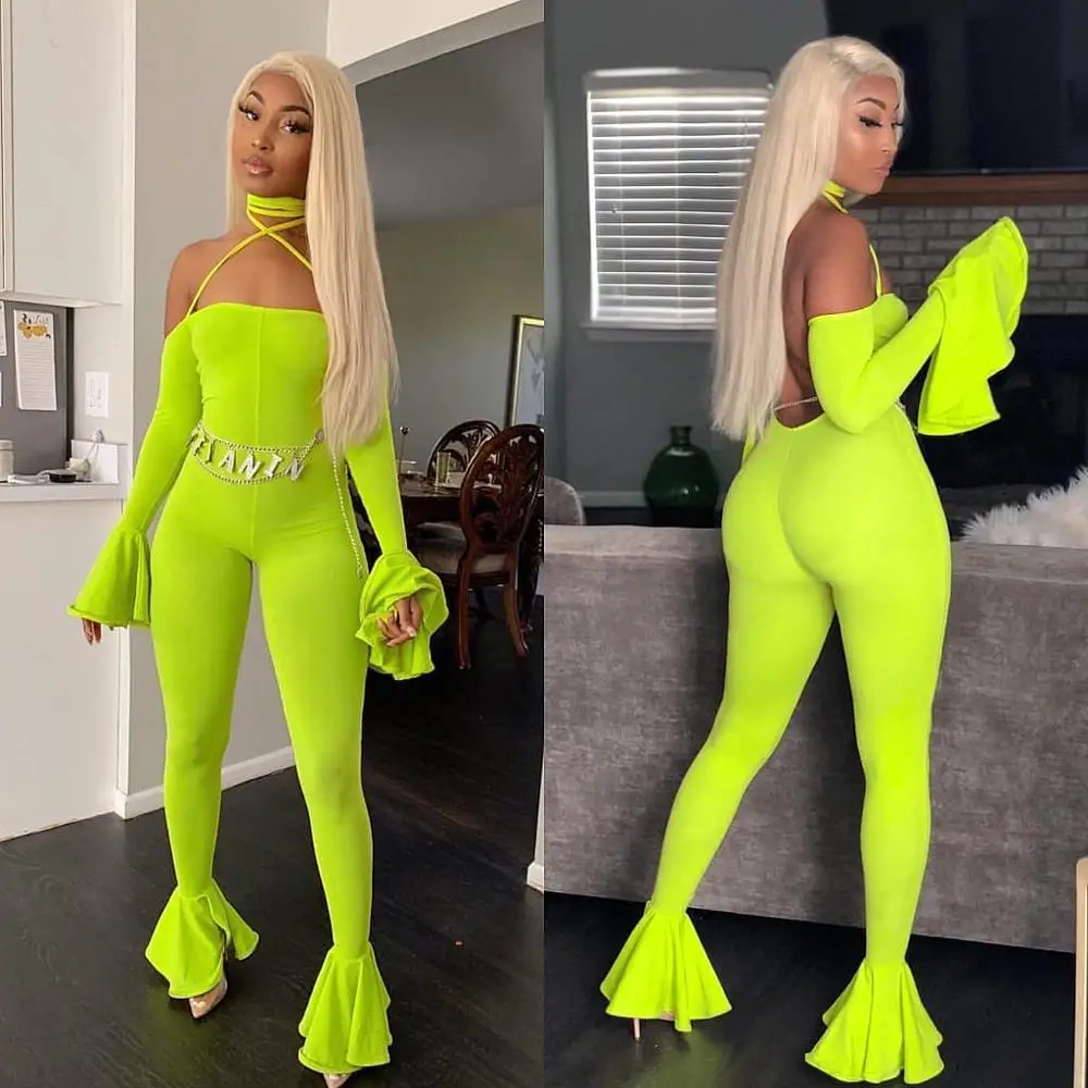 

BKLD Women Jumpsuit Pants 2019 Clubwear Autumn Neon Green Off Shoulder Halter Womens Sexy Playsuits Ruffles Backless Jump Suits