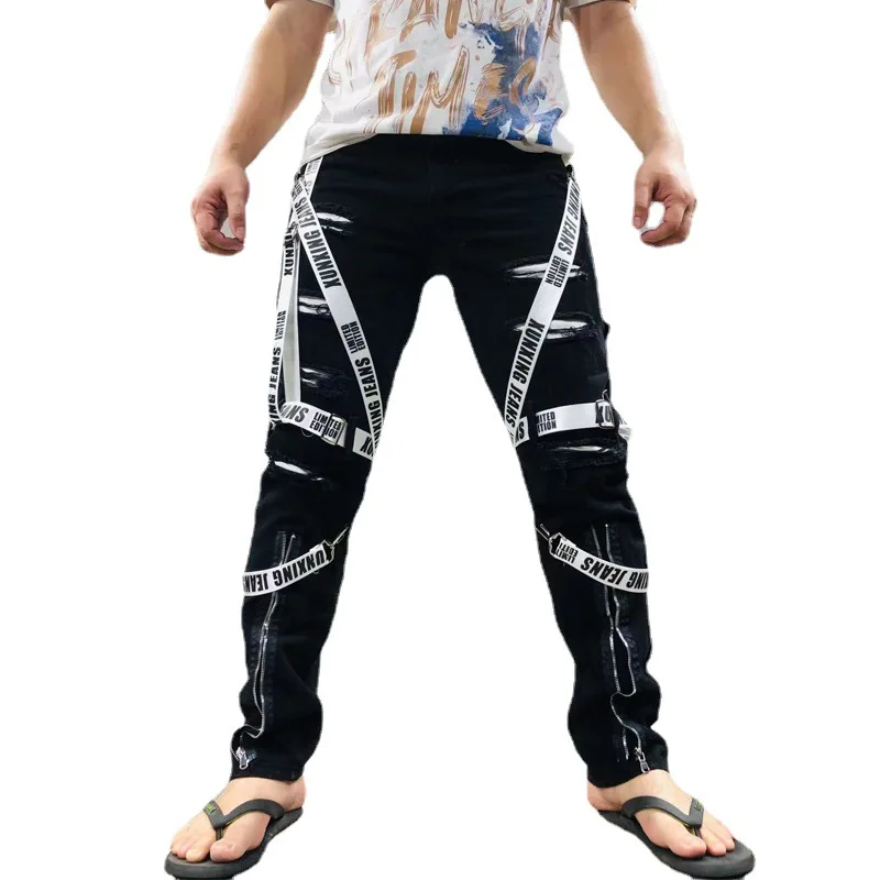 2022 New Arrival Patch Straps Hip Hop Men Pencil Jeans Trousers Hole Ripped Slim Punk Goth Denim Pants For Teens Pantaloni Uomo